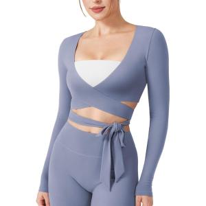 imageYEOREO Wrap Long Sleeve Cropped Top for Women Workout Pilates Ballet Tie Shirt for Dance Yoga Active BlousesGranite Blue