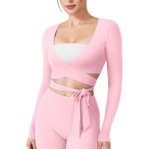 imageYEOREO Wrap Long Sleeve Cropped Top for Women Workout Pilates Ballet Tie Shirt for Dance Yoga Active BlousesLight Pink