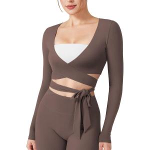 imageYEOREO Wrap Long Sleeve Cropped Top for Women Workout Pilates Ballet Tie Shirt for Dance Yoga Active BlousesMocha