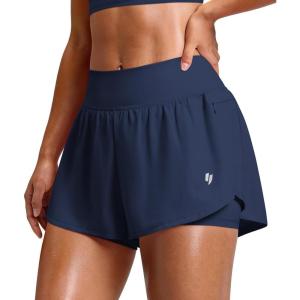 imageYEOREO Running Shorts for Women 2 in 1 High Waisted Quick Dry 4 Hafsany Workout Gym Shorts with Zip PocketNavy Blue