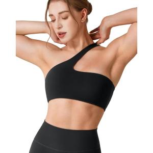 imageYEOREO Womens One Shoulder Sports Bras Workout Padded Yoga Tops One Strap Low Impact Asymmetrical Petite Claranie Crop TankBlack