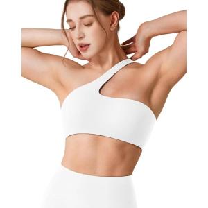 imageYEOREO Womens One Shoulder Sports Bras Workout Padded Yoga Tops One Strap Low Impact Asymmetrical Petite Claranie Crop TankWhite