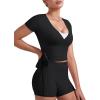 imageYEOREO Women Pilates Wrap Top Short Sleeve Tie Ballet Shirt Denaiy Y2k Deep V Neck Yoga Workout TopsBlack
