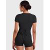 imageYEOREO Women Pilates Wrap Top Short Sleeve Tie Ballet Shirt Denaiy Y2k Deep V Neck Yoga Workout TopsBlack