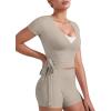 imageYEOREO Women Pilates Wrap Top Short Sleeve Tie Ballet Shirt Denaiy Y2k Deep V Neck Yoga Workout TopsLight Sand