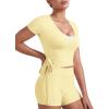 imageYEOREO Women Pilates Wrap Top Short Sleeve Tie Ballet Shirt Denaiy Y2k Deep V Neck Yoga Workout TopsPale Yellow
