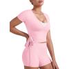 imageYEOREO Women Pilates Wrap Top Short Sleeve Tie Ballet Shirt Denaiy Y2k Deep V Neck Yoga Workout TopsPink