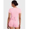 imageYEOREO Women Pilates Wrap Top Short Sleeve Tie Ballet Shirt Denaiy Y2k Deep V Neck Yoga Workout TopsPink