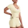 imageYEOREO Women Pilates Wrap Top Short Sleeve Tie Ballet Shirt Denaiy Y2k Deep V Neck Yoga Workout TopsVanilla