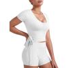 imageYEOREO Women Pilates Wrap Top Short Sleeve Tie Ballet Shirt Denaiy Y2k Deep V Neck Yoga Workout TopsWhite