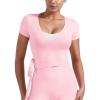 imageYEOREO Women Pilates Wrap Top Short Sleeve Tie Ballet Shirt Denaiy Y2k Deep V Neck Yoga Workout TopsPink