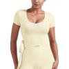 imageYEOREO Women Pilates Wrap Top Short Sleeve Tie Ballet Shirt Denaiy Y2k Deep V Neck Yoga Workout TopsVanilla
