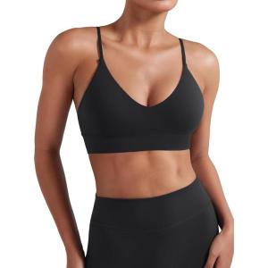 imageYEOREO Sports Bras for Women V Neck Adjustable Thin Straps Padded Workout Yoga Top Basic Wireless CamisoleBlack