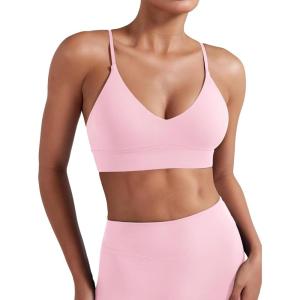 imageYEOREO Sports Bras for Women V Neck Adjustable Thin Straps Padded Workout Yoga Top Basic Wireless CamisoleLight Pink
