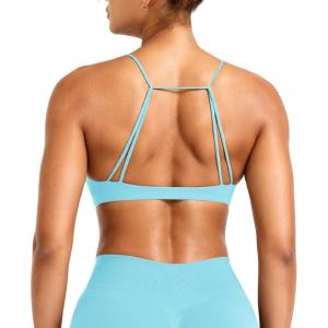 imageYEOREO Women Sports Bra Jocelyna Sliding Back Straps Twist Front Criss Cross Light Support Strappy Padd Workout BraletteLight Blue