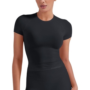 image:imageYEOREO Ease Women Workout Tops Slim Fitted Crewneck Short Sleeve Shirts Casual Stretchy Running Gym Yoga Crop TopBlack