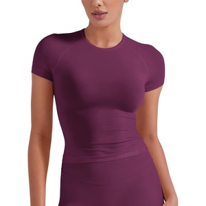 image:imageYEOREO Ease Women Workout Tops Slim Fitted Crewneck Short Sleeve Shirts Casual Stretchy Running Gym Yoga Crop TopBlack Cherry