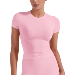 image:imageYEOREO Ease Women Workout Tops Slim Fitted Crewneck Short Sleeve Shirts Casual Stretchy Running Gym Yoga Crop TopPink