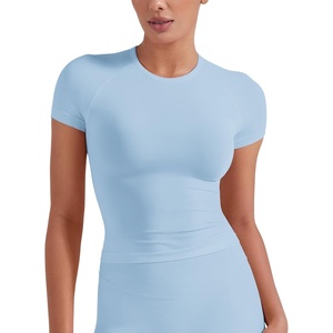image:imageYEOREO Ease Women Workout Tops Slim Fitted Crewneck Short Sleeve Shirts Casual Stretchy Running Gym Yoga Crop TopSky Bule
