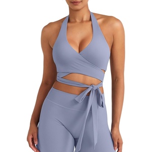 image:imageYEOREO CoreFlex Halter Sports Bras for Women Backless Padded Workout V Neck Bra Ajustable Straps Ballet Wrap Tie Gym Yoga TopGranite Blue