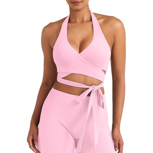 image:imageYEOREO CoreFlex Halter Sports Bras for Women Backless Padded Workout V Neck Bra Ajustable Straps Ballet Wrap Tie Gym Yoga TopLight Pink