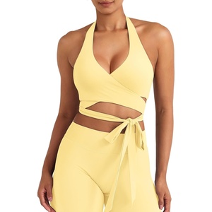 image:imageYEOREO CoreFlex Halter Sports Bras for Women Backless Padded Workout V Neck Bra Ajustable Straps Ballet Wrap Tie Gym Yoga TopMilk Yellow