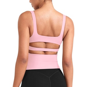 image:imageYEOREO CoreFlex Workout Tank Tops Women Open Back Built in Bra Longline Yoga Crop Top Gym Backless Padded CamisoleBaby Pink