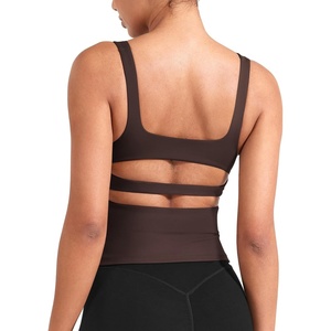 image:imageYEOREO CoreFlex Workout Tank Tops Women Open Back Built in Bra Longline Yoga Crop Top Gym Backless Padded CamisoleCocoa