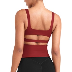 image:imageYEOREO CoreFlex Workout Tank Tops Women Open Back Built in Bra Longline Yoga Crop Top Gym Backless Padded CamisoleMaroon