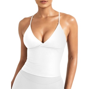 image:imageYEOREO LuxFlow Womens Workout Tank Top with Bra Pads Twist Front Straps Summer Seamless Camisole Shirts Longline Sports BrasWhite