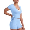 image:imageYEOREO Ease Women Pilates Wrap Top Short Sleeve Tie Ballet Shirt Y2k Deep V Neck Yoga Workout TopsAiry Blue
