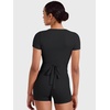image:imageYEOREO Ease Women Pilates Wrap Top Short Sleeve Tie Ballet Shirt Y2k Deep V Neck Yoga Workout TopsBlack
