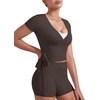 image:imageYEOREO Ease Women Pilates Wrap Top Short Sleeve Tie Ballet Shirt Y2k Deep V Neck Yoga Workout TopsDark Brown
