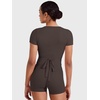 image:imageYEOREO Ease Women Pilates Wrap Top Short Sleeve Tie Ballet Shirt Y2k Deep V Neck Yoga Workout TopsDark Brown