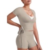 image:imageYEOREO Ease Women Pilates Wrap Top Short Sleeve Tie Ballet Shirt Y2k Deep V Neck Yoga Workout TopsLight Sand