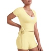 image:imageYEOREO Ease Women Pilates Wrap Top Short Sleeve Tie Ballet Shirt Y2k Deep V Neck Yoga Workout TopsPale Yellow