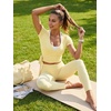 image:imageYEOREO Ease Women Pilates Wrap Top Short Sleeve Tie Ballet Shirt Y2k Deep V Neck Yoga Workout TopsPale Yellow