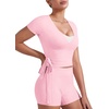 image:imageYEOREO Ease Women Pilates Wrap Top Short Sleeve Tie Ballet Shirt Y2k Deep V Neck Yoga Workout TopsPink