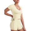 image:imageYEOREO Ease Women Pilates Wrap Top Short Sleeve Tie Ballet Shirt Y2k Deep V Neck Yoga Workout TopsVanilla