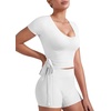 image:imageYEOREO Ease Women Pilates Wrap Top Short Sleeve Tie Ballet Shirt Y2k Deep V Neck Yoga Workout TopsWhite