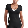 image:imageYEOREO Ease Women Pilates Wrap Top Short Sleeve Tie Ballet Shirt Y2k Deep V Neck Yoga Workout TopsBlack
