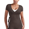 image:imageYEOREO Ease Women Pilates Wrap Top Short Sleeve Tie Ballet Shirt Y2k Deep V Neck Yoga Workout TopsDark Brown