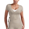 image:imageYEOREO Ease Women Pilates Wrap Top Short Sleeve Tie Ballet Shirt Y2k Deep V Neck Yoga Workout TopsLight Sand