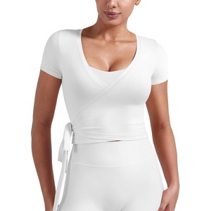 image:imageYEOREO Ease Women Pilates Wrap Top Short Sleeve Tie Ballet Shirt Y2k Deep V Neck Yoga Workout TopsWhite