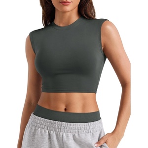 image:imageYEOREO CoreFlex Women Sleeveless Workout Crop Top Modal Basic Crew Neck Tank Tee Slim Fit Summer Y2K Going Out TopGray Green