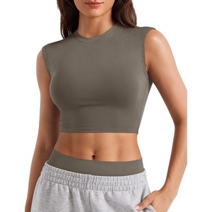image:imageYEOREO CoreFlex Women Sleeveless Workout Crop Top Modal Basic Crew Neck Tank Tee Slim Fit Summer Y2K Going Out TopTaupe