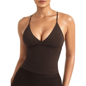 image:imageYEOREO LuxFlow Womens Workout Tank Top with Bra Pads Twist Front Straps Summer Seamless Camisole Shirts Longline Sports BrasDark Chocolate Brown