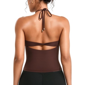 image:imageYEOREO CoreFlex Womens Tie Halter Twist Back Tank Top  Padded Workout Yoga Cop Top Going Out Y2k Trendy Summer CamisoleCoffee