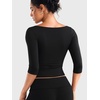 image:imageYEOREO Ease Womens 34 Sleeve Tops Workout Yoga Shirts  Double Lined Scoop Neck Slim Fit Soft Breathable Gym RunningBlack