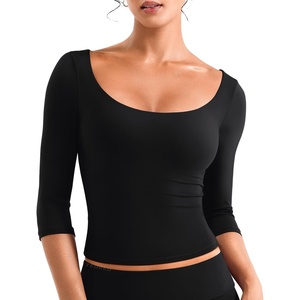 image:imageYEOREO Ease Womens 34 Sleeve Tops Workout Yoga Shirts  Double Lined Scoop Neck Slim Fit Soft Breathable Gym RunningBlack